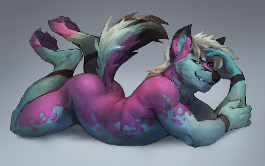 2016 anthro black_fur black_markings black_nose canine digital_media_(artwork) dog facial_markings fur gradient_background green_fur hair husky legs_up looking_at_viewer lying male mammal markings nude on_front pink_fur pinup pose raised_tail saturn_(captain_otter) side_view simple_background solo tacklebox toeless_(marking) white_hair