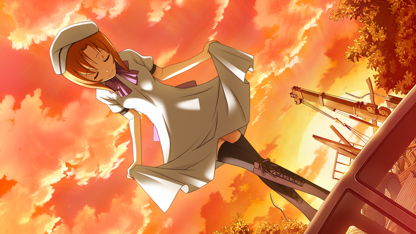 bangs beret black_legwear boots bow car closed_eyes crossed_legs curtsey dress dutch_angle game_cg ground_vehicle hat higurashi_no_naku_koro_ni motor_vehicle official_art orange_hair rato ryuuguu_rena short_hair skirt_hold sky smile solo standing sunset thighhighs tsumihoroboshi-hen watson_cross