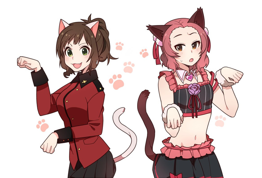 animal_ears blush brown_eyes brown_hair cat_ears cat_tail cosplay costume_switch cowboy_shot fang flower girls_und_panzer green_eyes groin idolmaster idolmaster_cinderella_girls ilhi maekawa_miku maekawa_miku_(cosplay) midriff military military_uniform multiple_girls navel over_the_collar paw_pose paw_print pink_hair raised_eyebrows rose rosehip rosehip_(cosplay) seiyuu_connection short_hair st._gloriana's_military_uniform sweatdrop tail takamori_natsumi uniform white_background