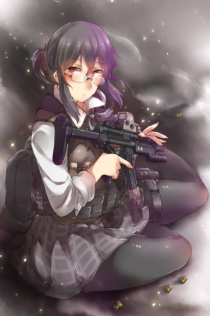 :o ayyh black_hair glasses gun h&amp;k_mp5 heckler_&amp;_koch highres holding holding_gun holding_weapon miniskirt pantyhose pleated_skirt ponytail red_eyes rifle school_uniform sitting skirt solo submachine_gun trigger_discipline weapon