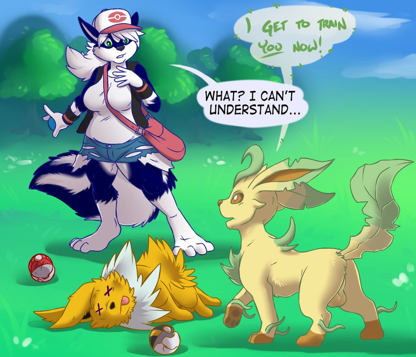 aggrobadger bag balls comic eeveelution english_text female jolteon leafeon lying male nintendo open_mouth outside pok&eacute;ball pok&eacute;mon raised_tail standing tagme text tongue tongue_out video_games