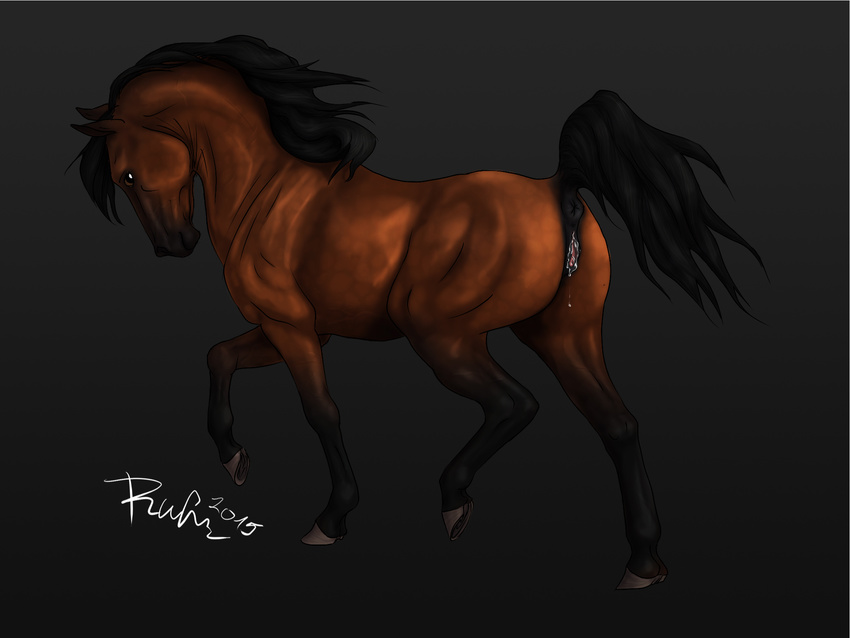 2015 anatomically_correct anatomically_correct_anus anatomically_correct_pussy animal_genitalia animal_pussy anus black_background black_fur brown_eyes brown_fur digital_media_(artwork) equine equine_pussy female feral fur hi_res hooves horse looking_at_viewer mammal mane multicolored_fur pointy_ears puffy_anus pussy pussy_juice quadruped raised_tail rufciu side_view signature simple_background solo two_tone_fur walking