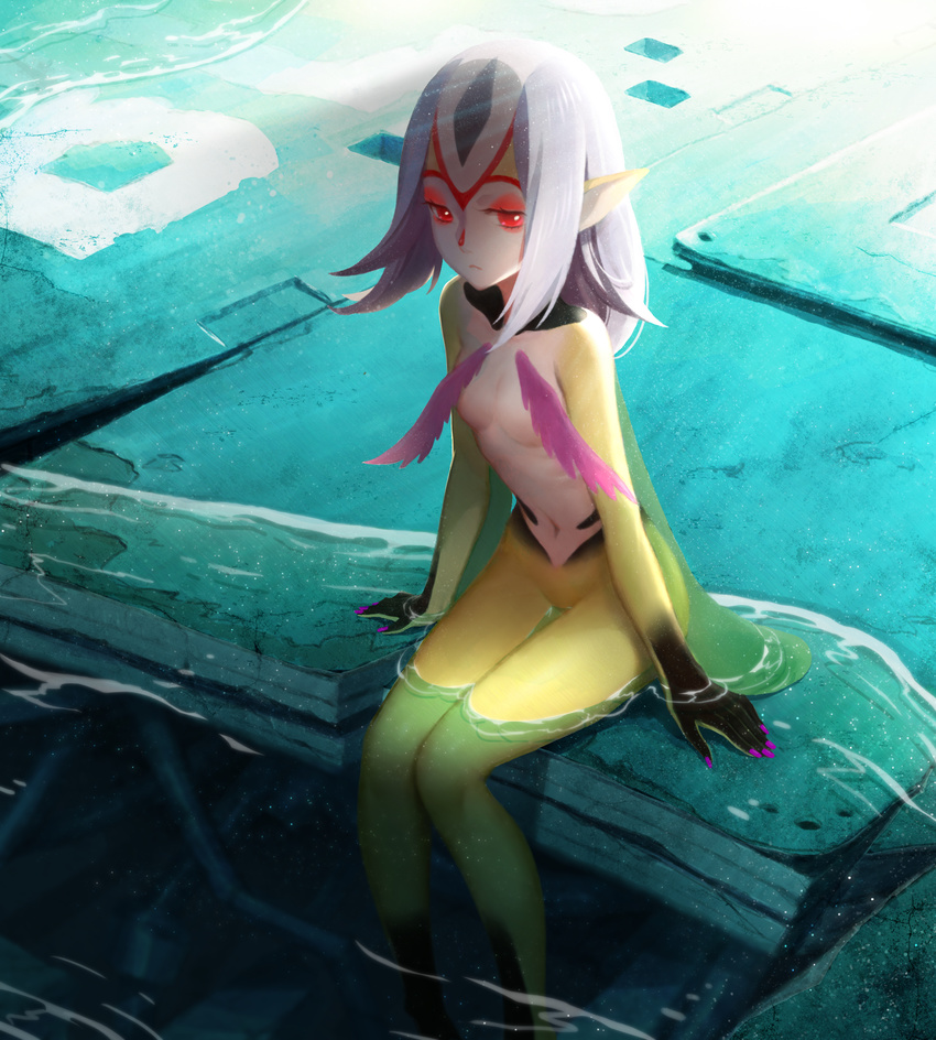blue_submarine_no_6 breasts highres long_hair monster_girl mutio nail_polish navel nude partially_submerged pink_nails pointy_ears q9q red_eyes silver_hair sitting small_breasts solo therianthrope water yellow_skin
