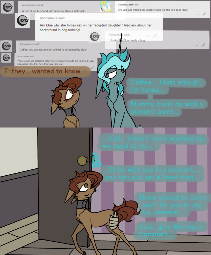 ... collar dialogue earth_pony equine fan_character female feral horn horse mammal my_little_pony omnipresentcrayon pony text unicorn