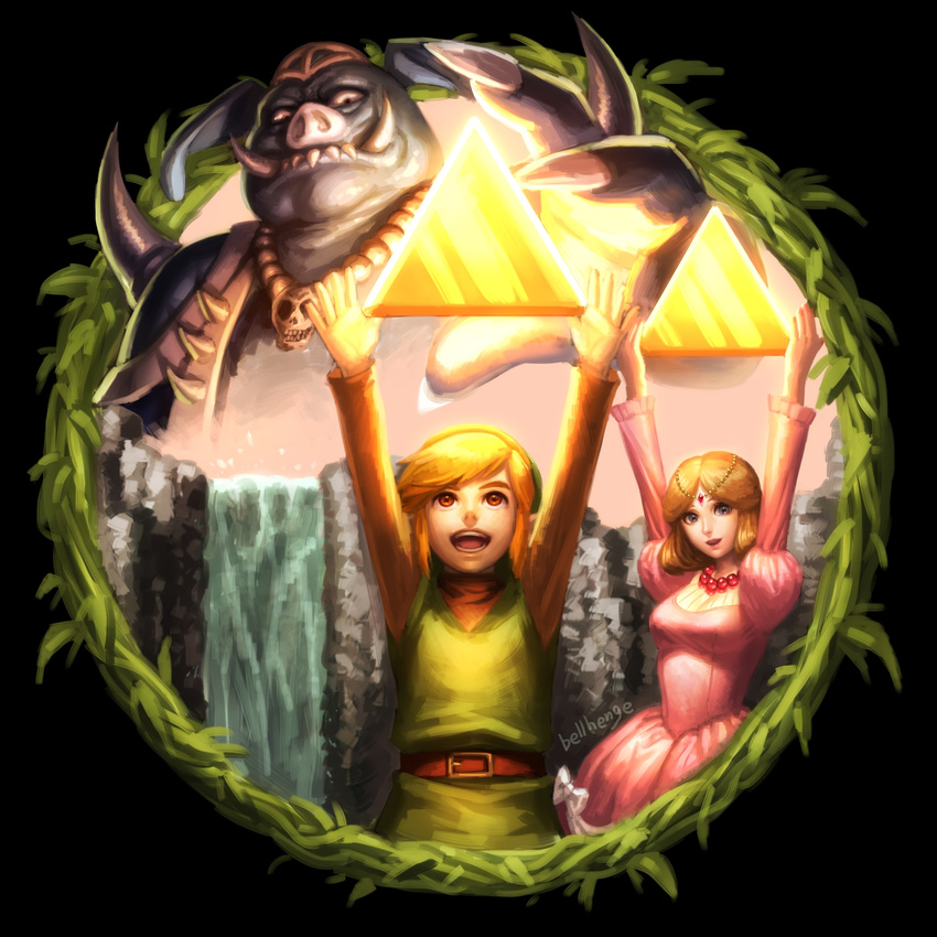 2boys animal bellhenge blonde_hair blue_eyes blue_hair ganon highres link md5_mismatch multiple_boys open_mouth pointy_ears princess_zelda red_eyes resized short_hair the_legend_of_zelda triforce upscaled