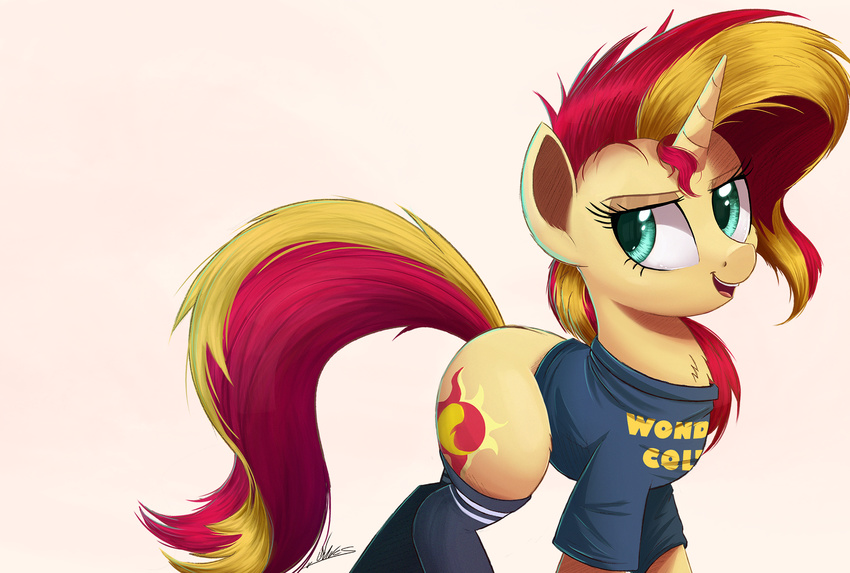 2016 blonde_hair clothed clothing cutie_mark equestria_girls equine eyelashes feral fluffy fur green_eyes hair hi_res horn long_hair mammal multicolored_hair multicolored_tail my_little_pony ncmares open_mouth red_hair simple_background solo standing sunset_shimmer_(eg) tan_fur tongue two_tone_hair unicorn white_background