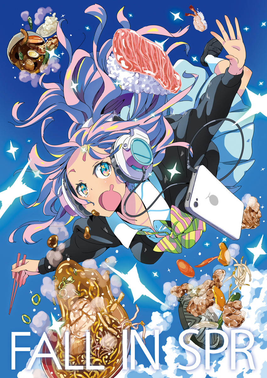 absurdres blazer brand_name_imitation cable cellphone chopsticks commentary_request falling food headphones highres iphone jacket jingisukan_(food) long_hair noodles open_mouth original phone pink_hair ramen school_uniform smartphone solo star star-shaped_pupils sushi symbol-shaped_pupils towashibuki upside-down