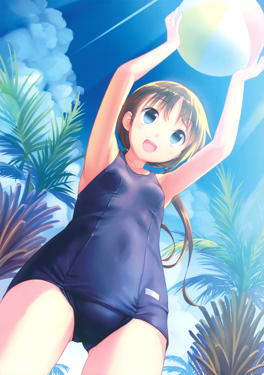 :d absurdres armpits arms_up ass_visible_through_thighs ball beachball blue_eyes breasts brown_hair cloud day eyebrows eyebrows_visible_through_hair from_below highres holding long_hair one-piece_swimsuit open_mouth original outdoors palm_tree scan school_swimsuit sky small_breasts smile solo sunlight swimsuit takoyaki_(roast) tree twintails