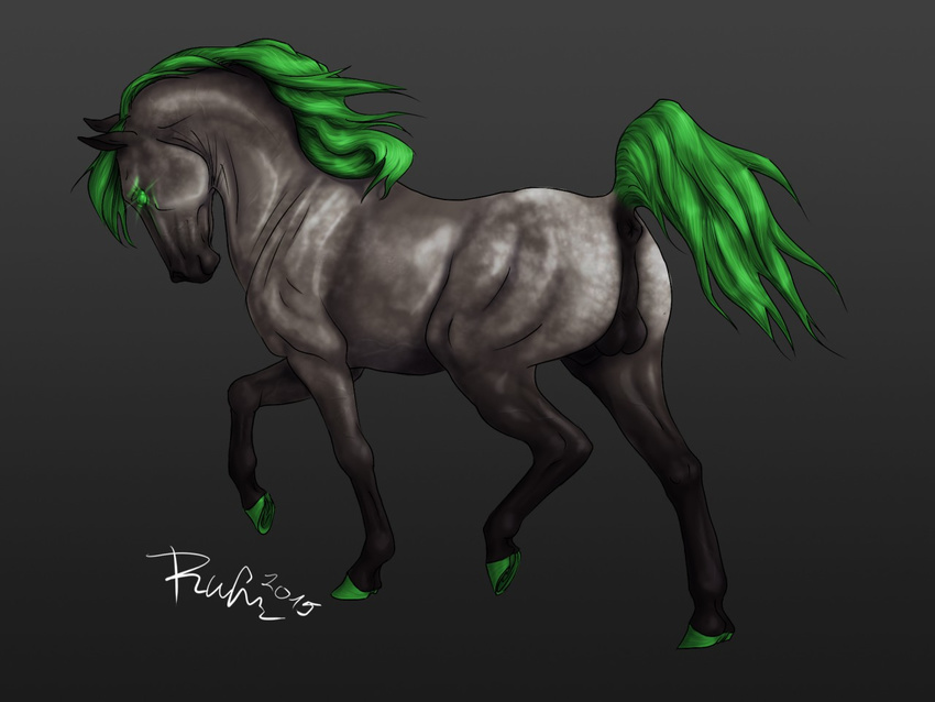 2015 anatomically_correct anatomically_correct_anus anus backsack balls black_background black_fur digital_media_(artwork) equine feral fur glowing glowing_eyes green_eyes grey_fur hooves horse male mammal mane multicolored_fur perineum pisces_kelp puffy_anus quadruped raised_tail rufciu side_view signature simple_background solo walking