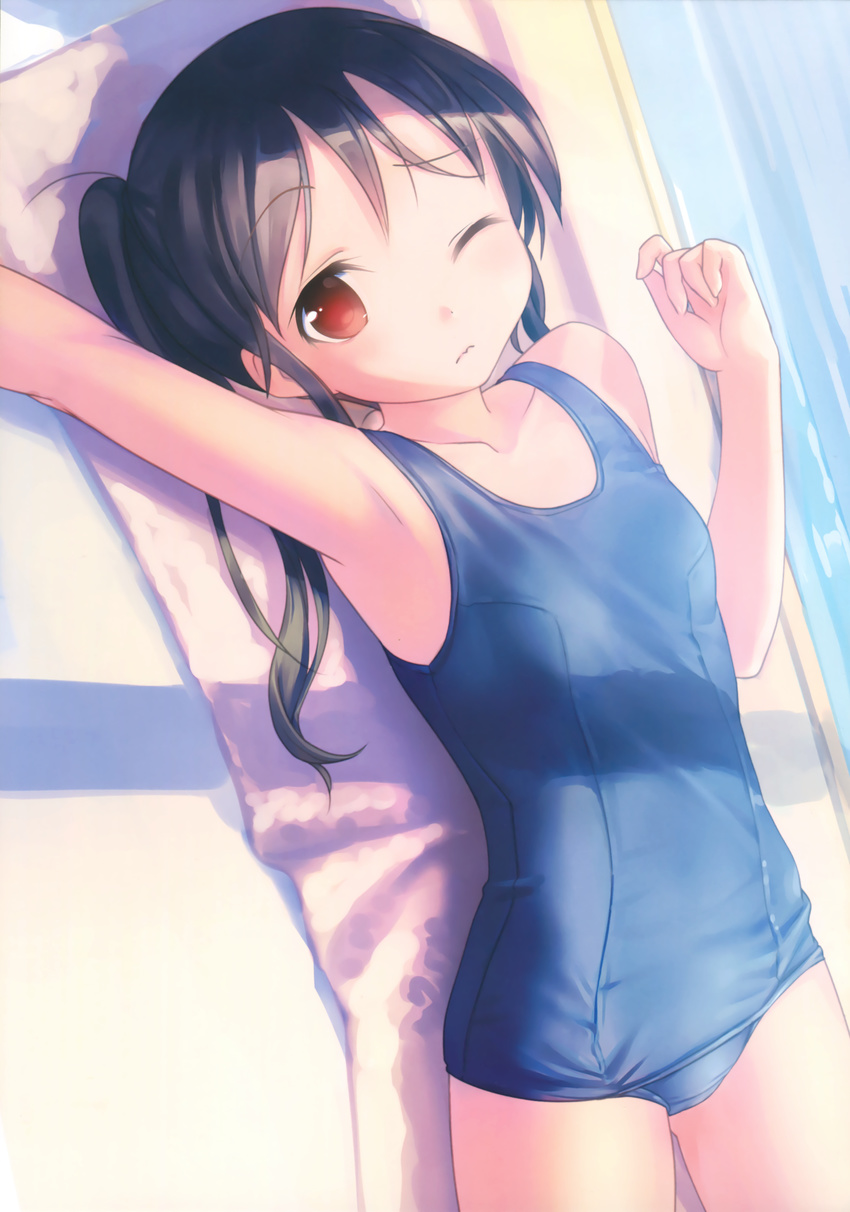 3; absurdres brown_eyes brown_hair cowboy_shot eyebrows eyebrows_visible_through_hair highres long_hair lying old_school_swimsuit on_back one-piece_swimsuit one_eye_closed open_mouth original pool scan school_swimsuit shadow solo stretch swimsuit takoyaki_(roast) towel twintails water