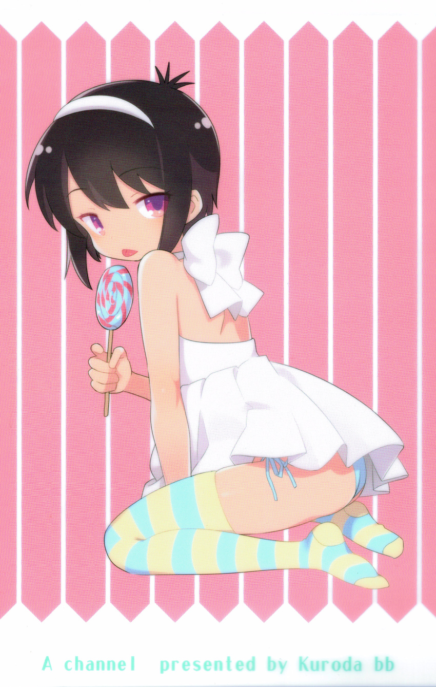 a_channel absurdres black_hair candy dress food highres ichii_tooru kuroda_bb lollipop ribbon simple_background striped striped_legwear thighhighs tongue tongue_out white_dress