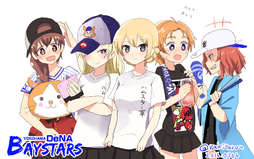 5girls :o assam baseball_cap black_skirt blonde_hair blue_eyes blush braid brown_eyes brown_hair crossed_arms darjeeling db._starman flying_sweatdrops girls_und_panzer hat long_braid long_hair mascot military_jacket multiple_girls nippon_professional_baseball orange_pekoe pink_hair pleated_skirt raki_(kuroe) rosehip rukuriri shirt short_hair single_braid sketch skirt smile stuffed_animal stuffed_toy sweatdrop t-shirt twitter_username white_shirt yokohama_dena_baystars