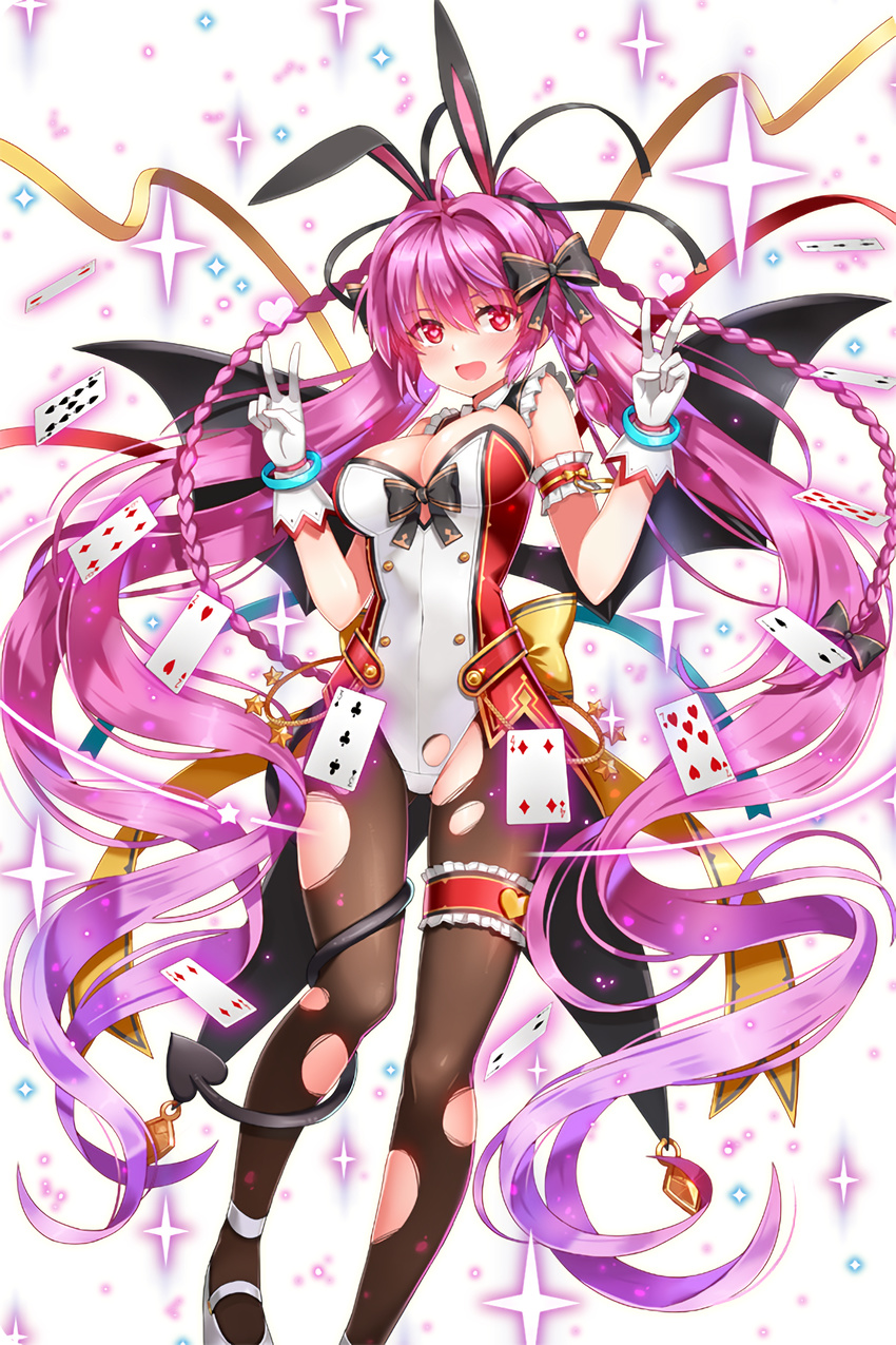 absurdly_long_hair animal_ears armband black_daisy_(soccer_spirits) black_wings bracelet braid breasts bunny_ears card cleavage demon_tail gloves highres jewelry legband long_hair looking_at_viewer medium_breasts official_art open_mouth pantyhose pink_eyes pink_hair playing_card serin199 shoes soccer_spirits solo standing tail torn_clothes torn_legwear transparent_background v very_long_hair white_footwear white_gloves wings