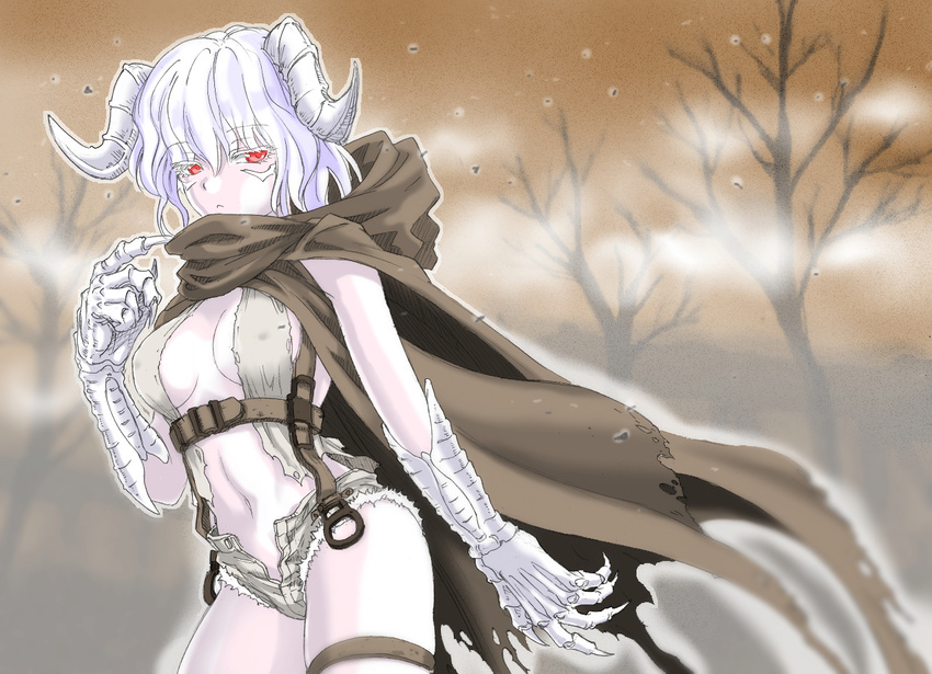 :&lt; albino bare_tree blurry breasts breasts_apart claws cloak closed_mouth colored_eyelashes cowboy_shot deathclaw depth_of_field eyebrows eyebrows_visible_through_hair facial_mark fallout_2 genderswap genderswap_(mtf) goris harahachibu_ajinosuke horns looking_at_viewer medium_breasts navel outline personification red_eyes short_shorts shorts solo thigh_strap tree unbuttoned water_drop white_hair