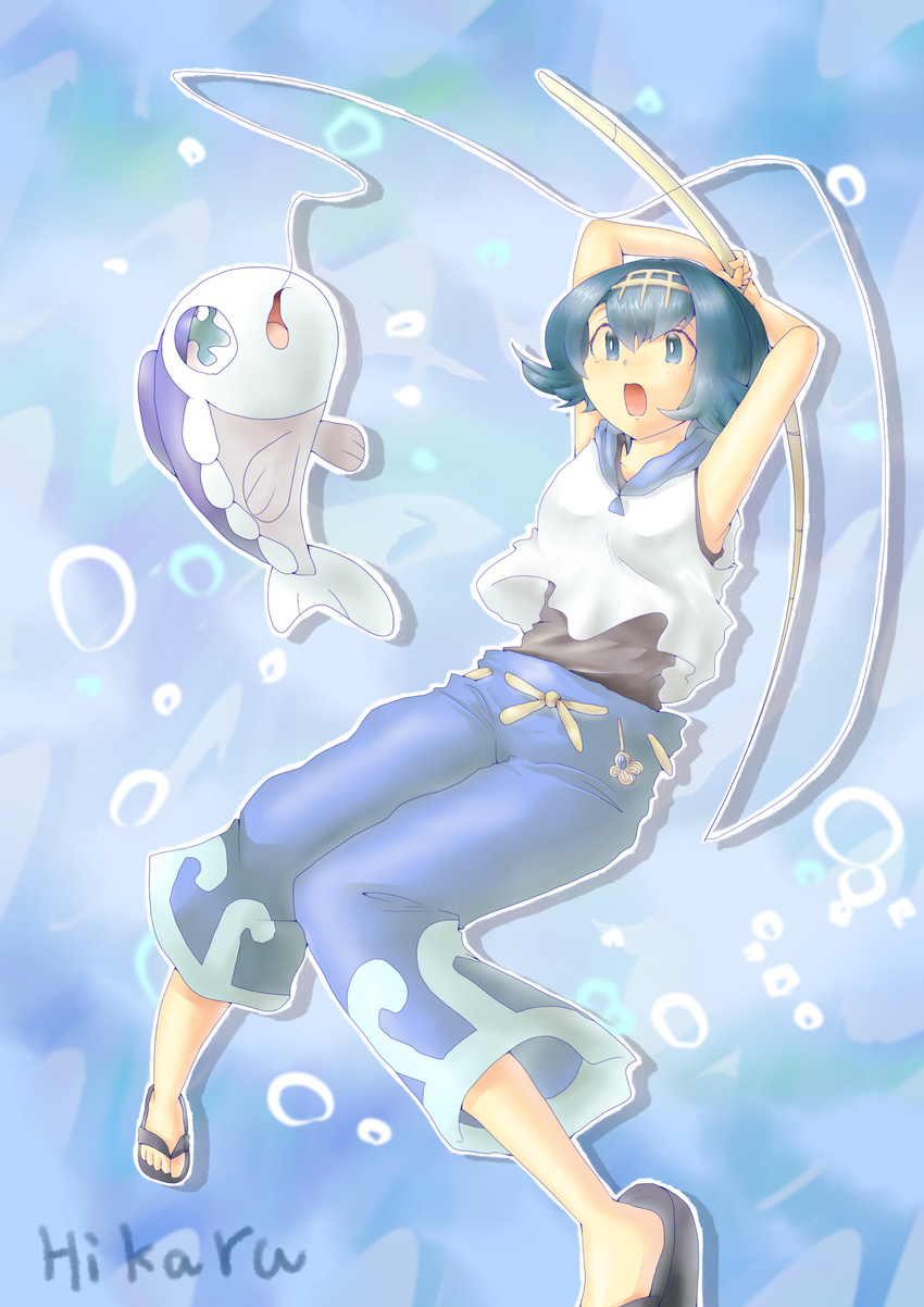 baggy_pants blue_eyes blue_hair blue_sailor_collar capri_pants commentary_request fishing_rod gen_7_pokemon highres mitsuru_(cp2wbrx85jaeknz_3h) pants pokemon pokemon_(creature) pokemon_(game) pokemon_sm sailor_collar sandals suiren_(pokemon) trial_captain wishiwashi