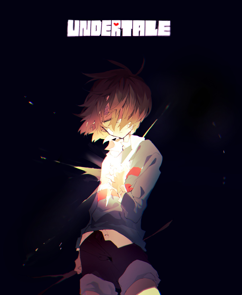 bandaged_arm bandages bandaid bandaid_on_face bandaid_on_nose black_background brown_hair chromatic_aberration closed_eyes collared_shirt copyright_name cowboy_shot dark frisk_(undertale) glowing hair_over_one_eye hand_on_own_chest higa423 highres light shirt short_hair shorts shorts_rolled_up solo stick striped striped_sweater sweater undertale untucked