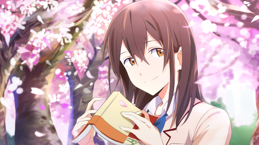 1girl bangs blazer blue_neckwear book brown_eyes brown_hair brown_jacket cherry_blossoms closed_mouth collared_shirt commentary_request day falling_leaves hair_between_eyes hands_up holding holding_book jacket kimi_no_suizou_wo_tabetai leaf long_hair looking_at_viewer open_book outdoors school_uniform shirowa shirt sidelocks smile solo tree upper_body white_shirt wing_collar yamauchi_sakura