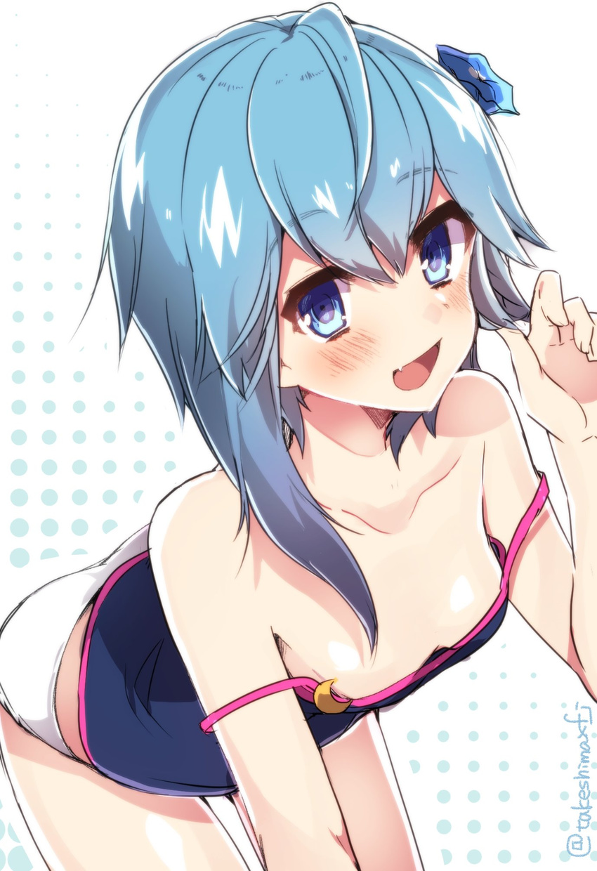 :d ahoge asymmetrical_hair bare_shoulders blue_eyes blue_hair blush breasts camisole collarbone crescent crescent_moon_pin fang flower hair_flower hair_ornament highres kantai_collection leaning_forward looking_at_viewer minazuki_(kantai_collection) open_mouth panties short_hair_with_long_locks small_breasts smile solo strap_slip takeshima_(nia) twitter_username underwear underwear_only white_panties