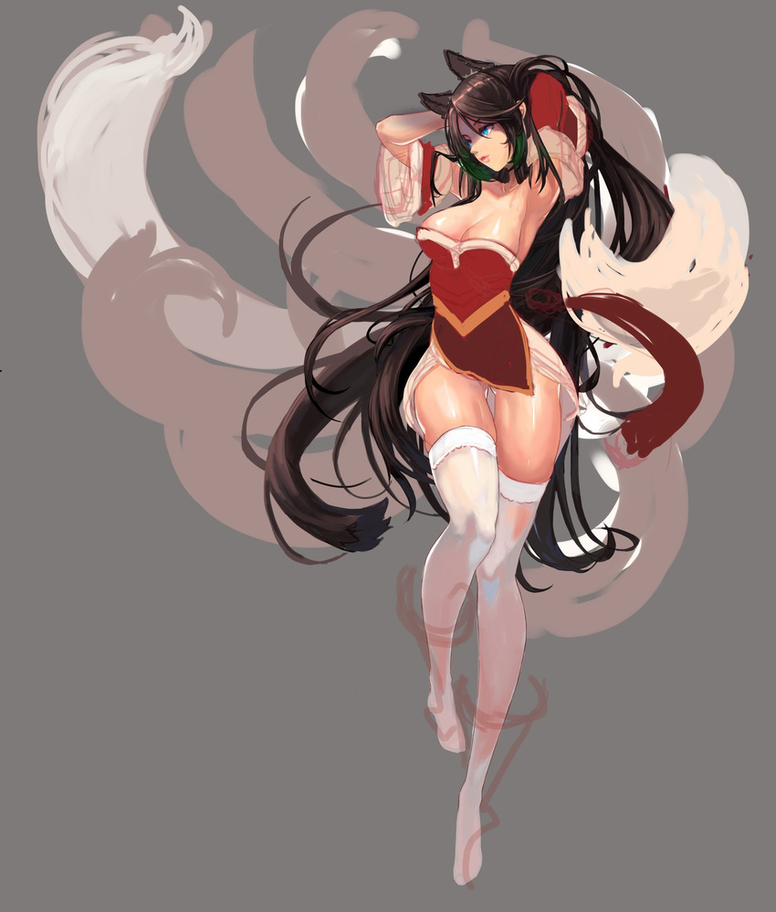 ahri animal_ears armpits arms_behind_head arms_up ass_visible_through_thighs black_hair blue_eyes breasts cleavage detached_sleeves dress facial_mark fox_ears highres korean_clothes large_breasts league_of_legends long_hair long_tail multiple_tails qbspdl short_dress sketch solo strapless strapless_dress tail thigh_gap thighhighs very_long_hair whisker_markings white_legwear zettai_ryouiki