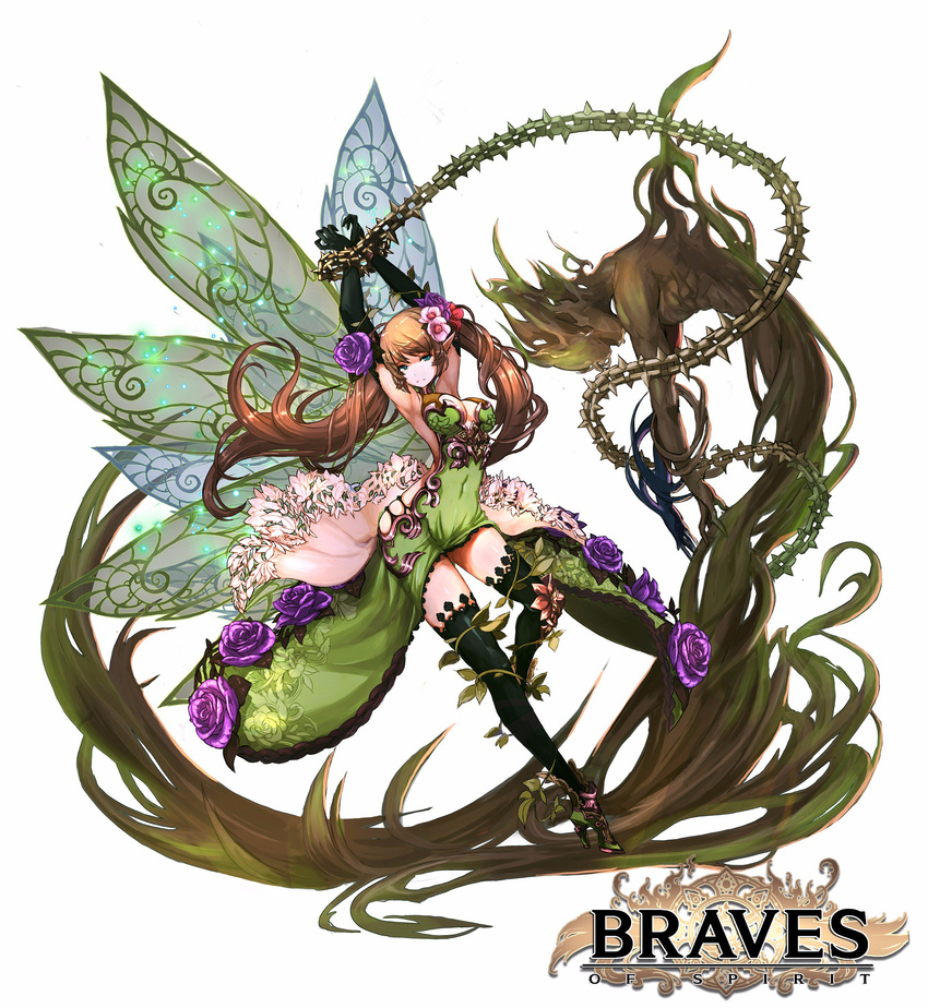 absurdres armpits arms_up black_legwear blue_eyes bound bound_wrists breasts brown_hair chain cleavage dress elbow_gloves fairy fairy_wings flower gloves green_dress hair_flower hair_ornament high_heels highres large_breasts long_hair monster original pointy_ears qbspdl shoes standing standing_on_one_leg tears thighhighs thorns twintails very_long_hair wings zettai_ryouiki