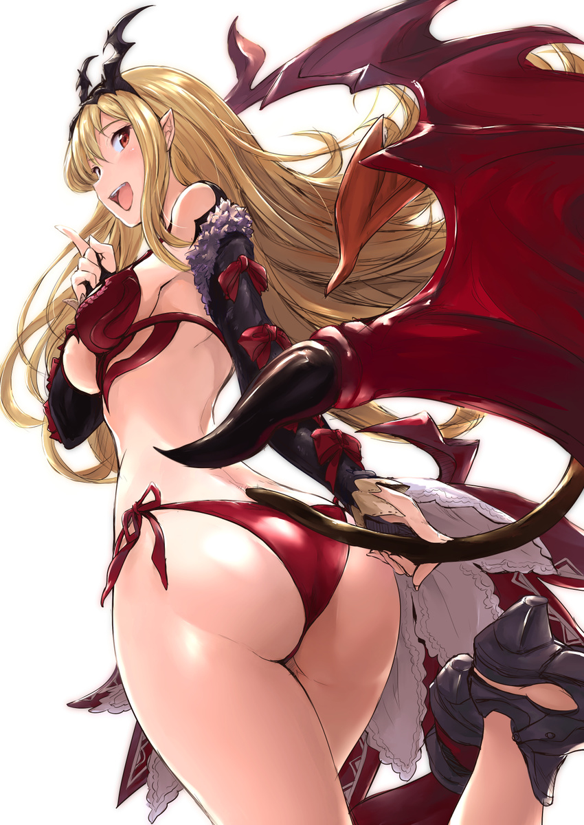 akita_hika ass bikini black_gloves blonde_hair breasts demon_tail gloves high_heels highres index_finger_raised long_hair looking_at_viewer lord_of_vermilion medium_breasts milia_(lord_of_vermilion) open_mouth pointy_ears red_bikini red_eyes shoes side-tie_bikini simple_background smile solo swimsuit tail white_background