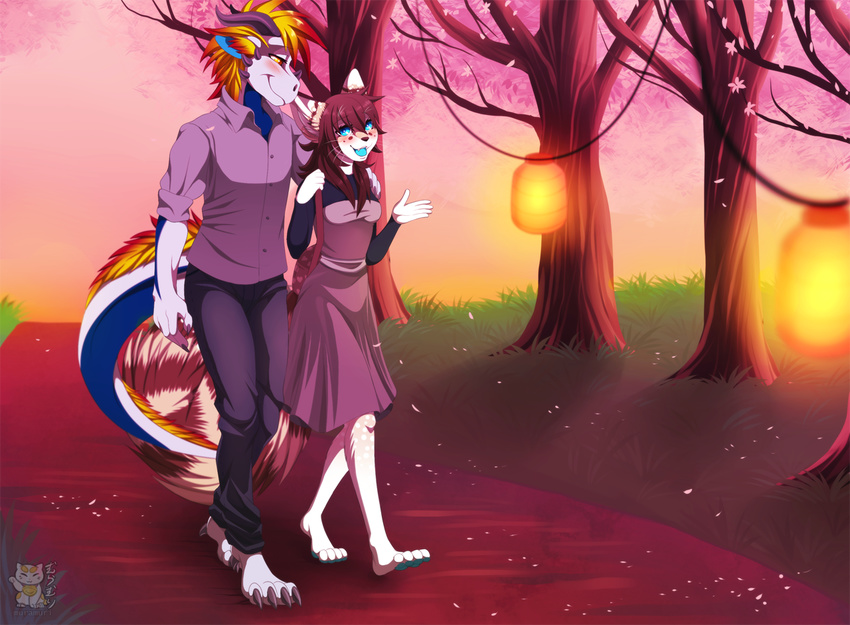 4_toes 5_fingers anthro barefoot blonde_hair blue_eyes blue_tongue cat clothed clothing day dragon duo feline female fur gradient_hair hair horn lanterns male mammal muramuri open_mouth orange_eyes outside purple_hair red_hair smile standing toes tongue tree walking white_fur