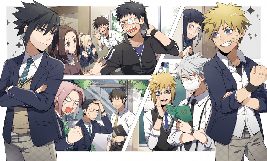 6+boys black_eyes black_hair blonde_hair blue_eyes brown_hair contemporary eyepatch father_and_son haruno_sakura hatake_kakashi hyuuga_hinata kiragera medical_eyepatch multiple_boys multiple_girls namikaze_minato nara_shikamaru naruto naruto_(series) naruto_shippuuden necktie nohara_rin pink_hair purple_eyes red_eyes school_uniform sharp_teeth short_hair surgical_mask teeth uchiha_obito uchiha_sasuke uzumaki_naruto what_if yamanaka_ino yamato_(naruto)