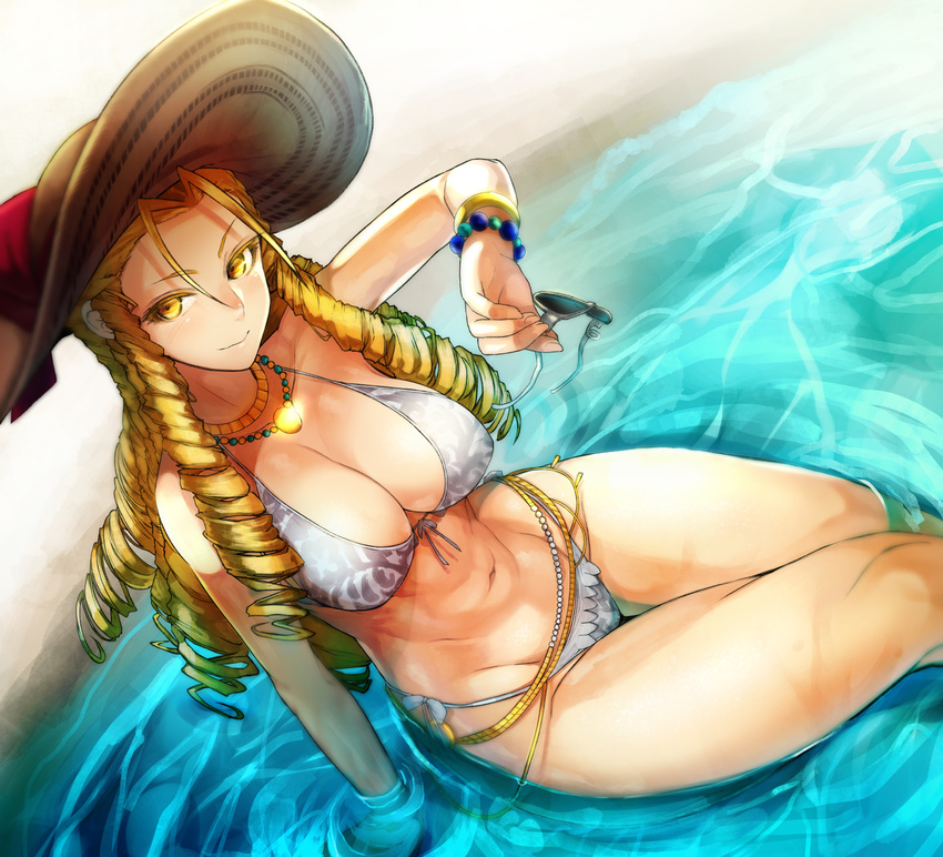 alternate_costume belly_chain bikini blonde_hair bracelet breasts cleavage drill_hair eyewear_removed from_above hat highres holding holding_eyewear jewelry kanzuki_karin large_breasts long_hair looking_at_viewer navel necklace nishiide_kengorou partially_submerged smile solo stomach street_fighter street_fighter_v sun_hat sunglasses swimsuit water yellow_eyes