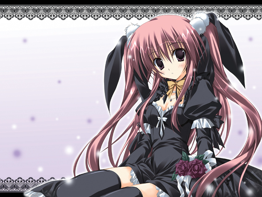 amano_hanei black_dress breasts cleavage dress highres jewelry korie_riko medium_breasts necklace pink_eyes pink_hair sitting supreme_candy thighhighs two_side_up