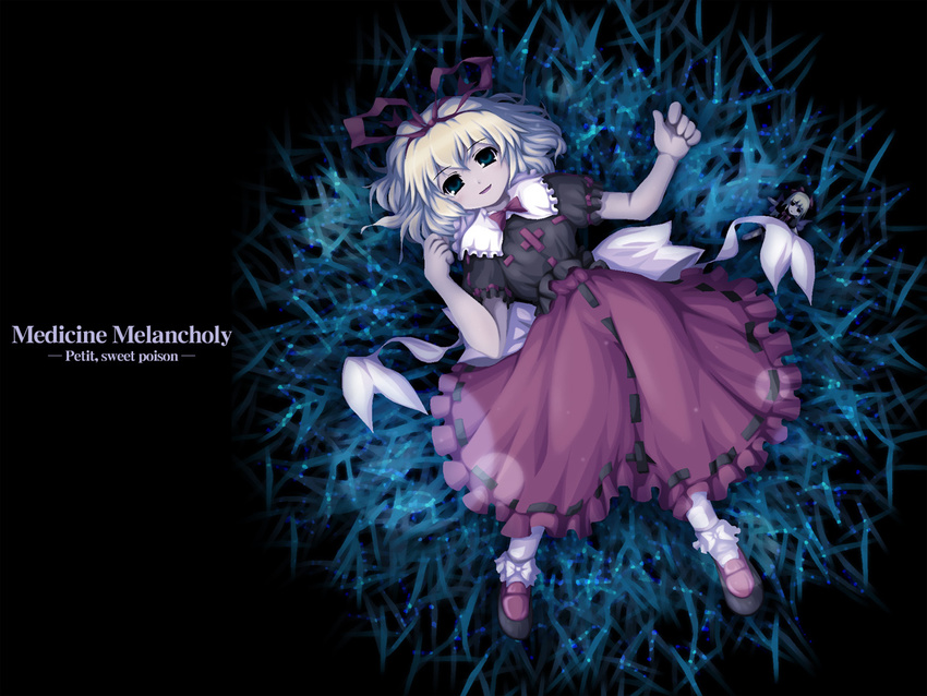 artist_request blonde_hair character_name dress grass green_eyes lying medicine_melancholy ribbon short_hair solo su-san touhou