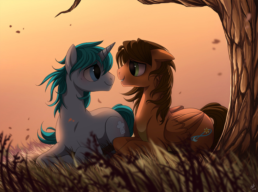 blue_eyes blue_hair brown_feathers brown_fur brown_hair cutie_mark day duo equine eye_contact fan_character feathers fur grass green_eyes hair horn lying male mammal my_little_pony outside pegasus ruhje smile tree unicorn wings