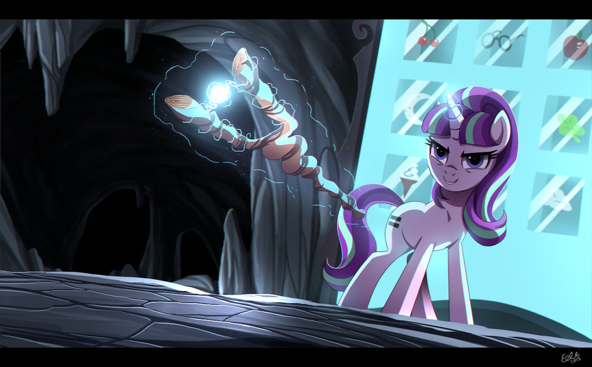 black_bars cave cutie_mark detailed_background equine eyelashes feral friendship_is_magic fur hair hooves horn magic mammal my_little_pony nude purple_eyes purple_fur purple_hair ruhje smile solo staff standing starlight_glimmer_(mlp) unicorn