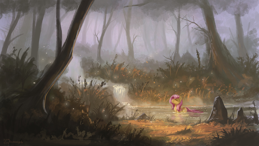 2016 creek cutie_mark day detailed_background equine eyes_closed feathered_wings feathers female feral fluttershy_(mlp) forest friendship_is_magic fur grass hair mammal my_little_pony outside partially_submerged pegasus pink_hair shamanguli solo tree water waterfall wings yellow_fur