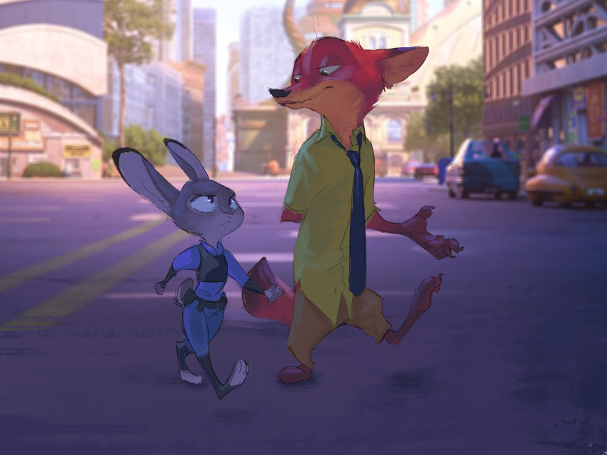 2018 absurd_res anthro barefoot belt bulletproof_vest canine claws clothed clothing dipstick_ears dipstick_tail disney duo female fox gloves_(marking) green_eyes hi_res judy_hopps lagomorph male mammal markings monoflax multicolored_tail necktie nick_wilde outside police_uniform purple_eyes rabbit socks_(marking) toeless_legwear uniform utility_belt walking zootopia