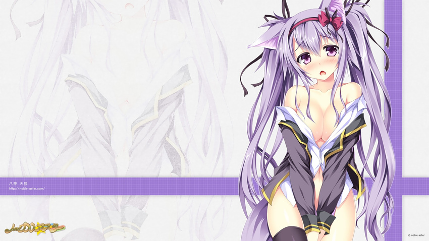1girl animal_ears blush breasts cat_ears cleavage female fox hair_bow hair_ribbons headband highres long_hair looking_at_viewer navel no_bra nopan open_mouth open_shirt purple_eyes purple_hair ribbons solo tateha_(artist) twintails