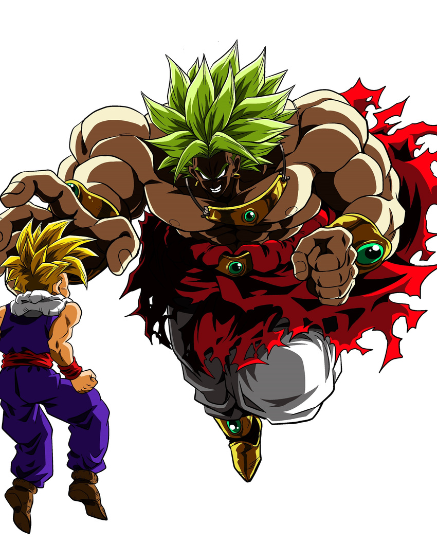 2boys 90s bracelet broly dragon_ball dragonball_z evil flying male_focus multiple_boys muscle no_pupils smile solo son_gohan super_saiyan