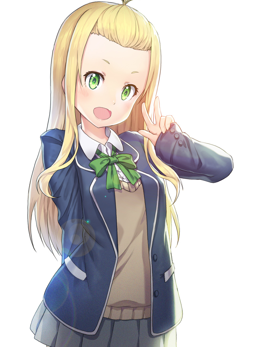 blonde_hair colette_(kono_bijutsubu_niwa_mondai_ga_aru!) green_eyes highres kono_bijutsubu_niwa_mondai_ga_aru! long_hair madyy school_uniform simple_background solo v