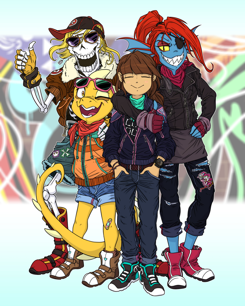 2016 animated_skeleton anthro bone clothing equestria-prevails eyewear female fingerless_gloves fish gloves human male mammal marine monster_kid papyrus_(undertale) protagonist_(undertale) skeleton sunglasses undead undertale undyne video_games