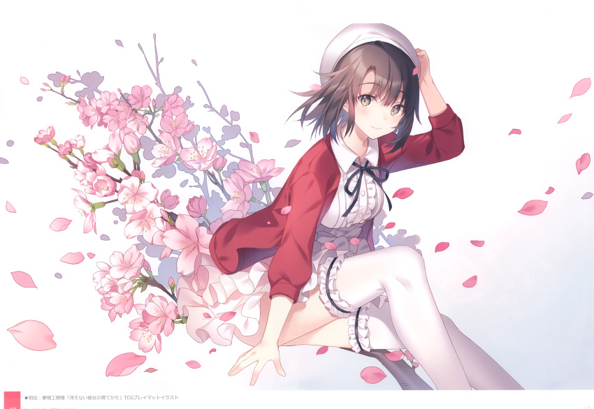 1girl absurdres arm_up bangs beret breasts brown_hair center_frills cherry_blossoms closed_mouth feet_out_of_frame floral_background flower frills garters hand_on_headwear hat highres katou_megumi looking_at_viewer medium_breasts neck_ribbon petals ribbon rie_(reverie) saenai_heroine_no_sodatekata scan smile solo thighhighs white_legwear wind