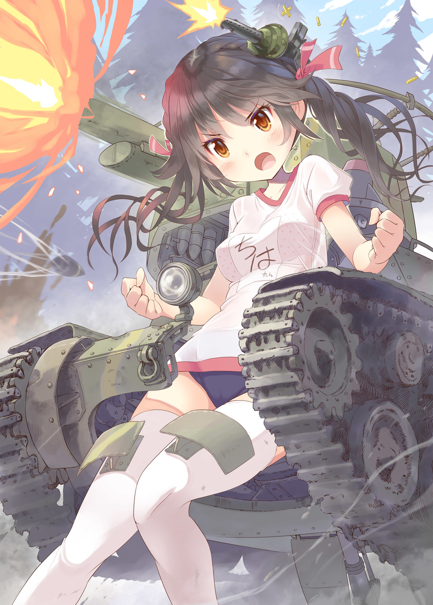 absurdres blue_buruma brown_eyes brown_hair buruma cannon caterpillar_tracks clenched_hands firing ground_vehicle gun gym_uniform highres kankurou long_hair machine_gun mecha_musume military military_vehicle motor_vehicle open_mouth original ribbon shell_casing shirt shouting solo tank tank_turret thighhighs twintails weapon white_legwear