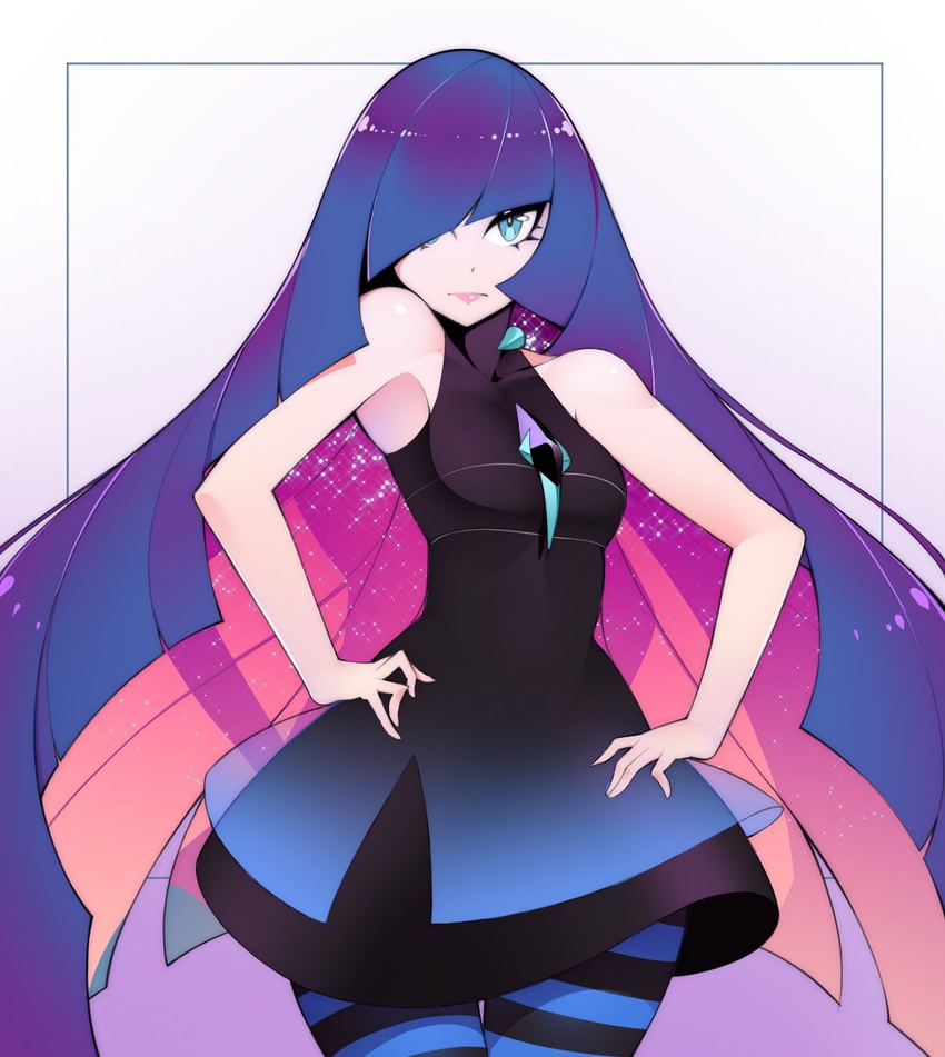 alternate_color alternate_hair_color bare_shoulders blue_eyes breasts check_source cosplay hair_over_one_eye halphelt hands_on_hips highres long_hair looking_at_viewer lusamine_(pokemon) md5_mismatch multicolored_hair panty_&amp;_stocking_with_garterbelt pokemon sleeveless small_breasts solo stocking_(psg) stocking_(psg)_(cosplay) striped striped_legwear