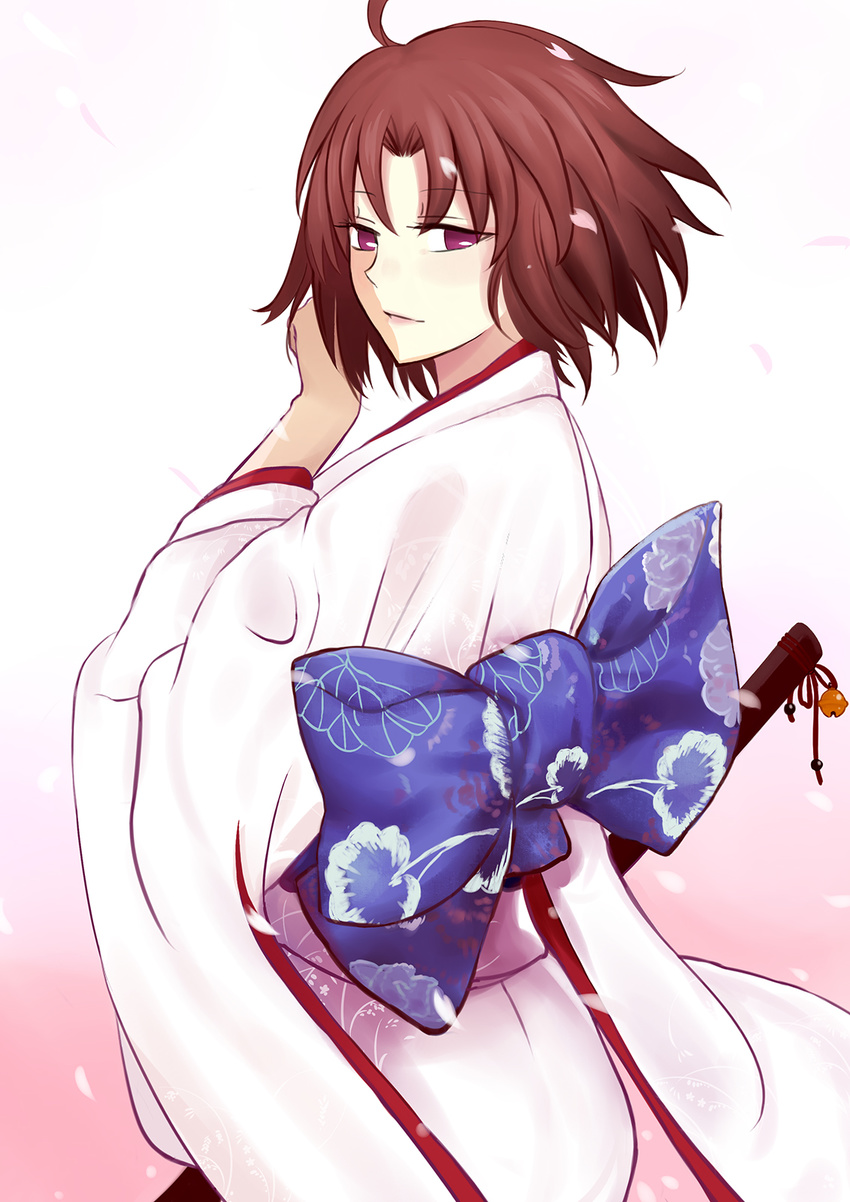 ahoge brown_hair from_behind highres illusionk japanese_clothes kara_no_kyoukai kimono light_smile looking_back obi purple_eyes ryougi_shiki sash scabbard sheath sheathed short_hair solo