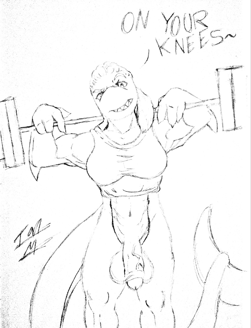 anthro armpits balls black_and_white clothing dialogue fish marine monochrome muscular penis ponytail shark thepainfultruth traditional_media_(artwork) weights