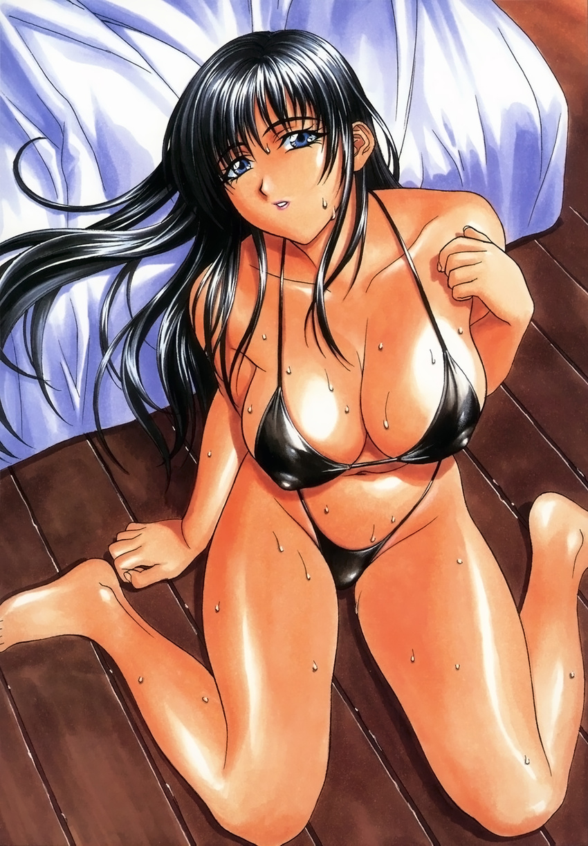 bed bikini black_hair blue_eyes breasts covered_nipples highres huge_breasts inoue_takuya long_hair sitting solo sweat swimsuit wariza