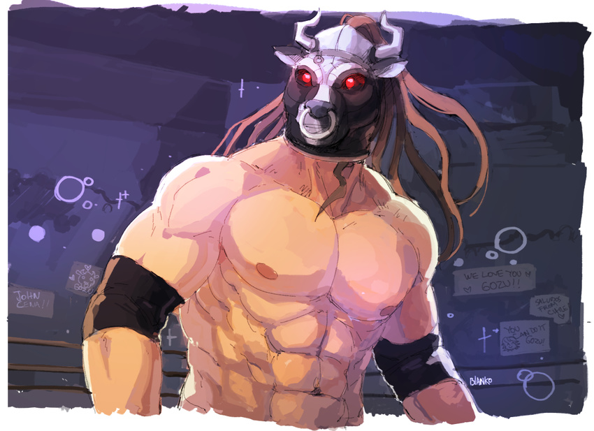 blanko! brown_hair cow_mask crowd danganronpa danganronpa_3 great_gozu long_hair male_focus muscle nipples shirtless signature solo upper_body wrestling_mask wrestling_ring