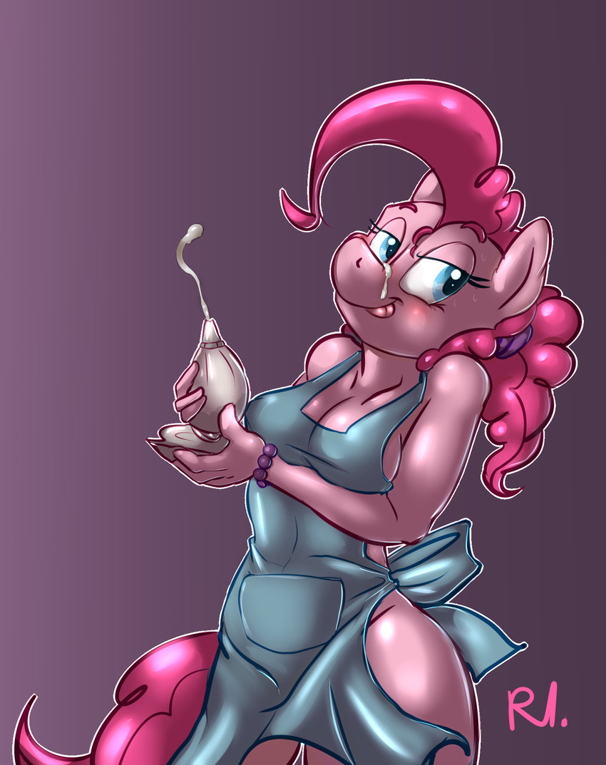 2016 anthro anthrofied apron bluecoffeedog blush breasts cleavage clothed clothing cream equine female friendship_is_magic horse licking licking_lips mammal my_little_pony pinkie_pie_(mlp) pony solo tongue tongue_out