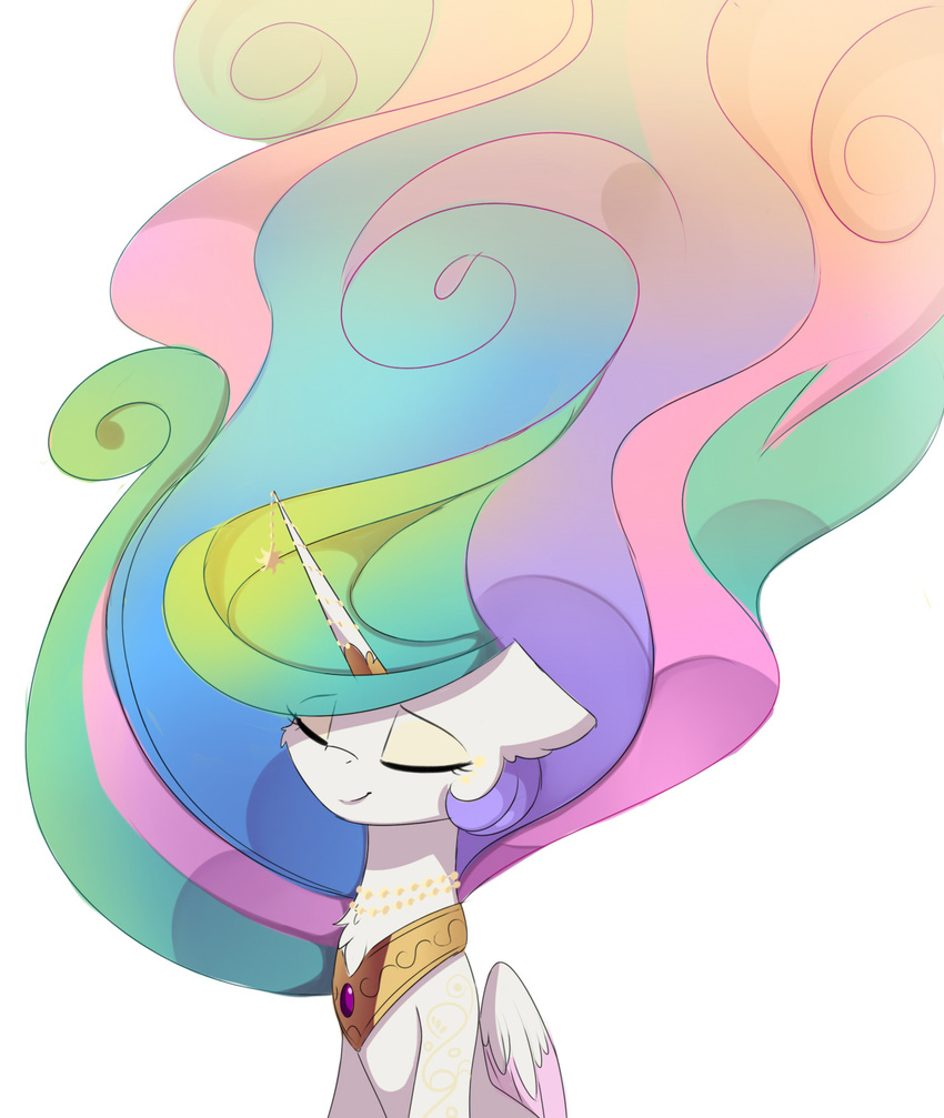 2016 equine eyes_closed feathered_wings feathers female feral friendship_is_magic fur hair horn jewelry long_hair lyra-senpai magnaluna mammal multicolored_hair my_little_pony necklace pink_feathers princess_celestia_(mlp) simple_background smile solo white_background white_fur winged_unicorn wings