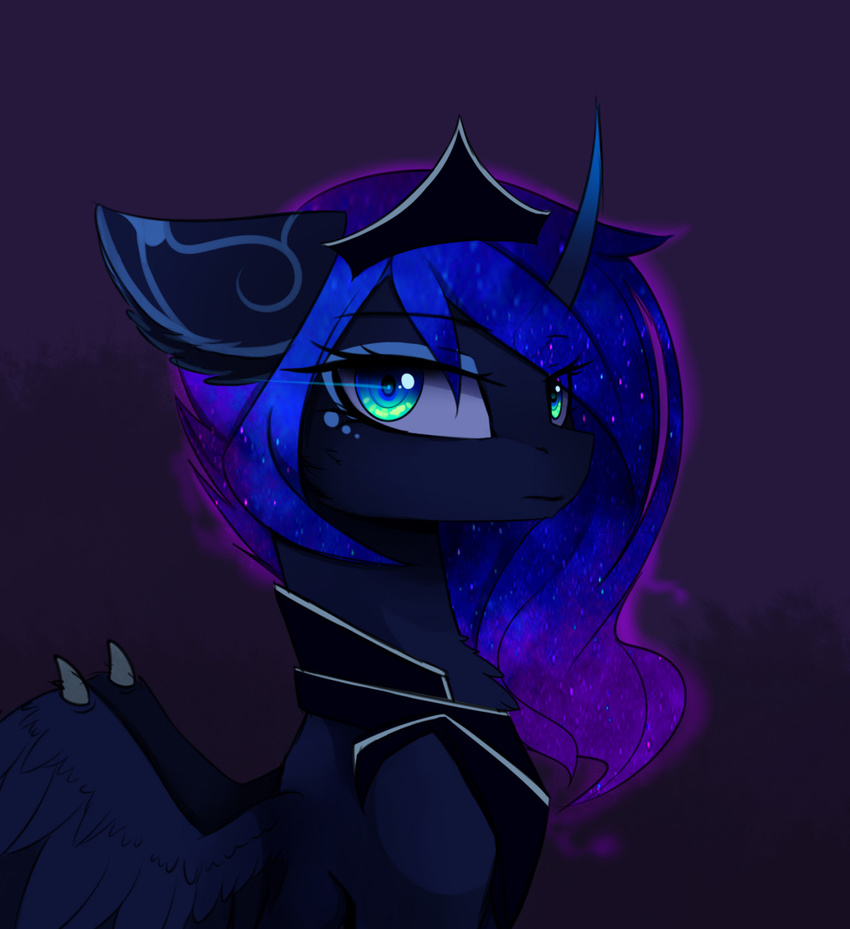 2016 bat_pony black_background blue_feathers blue_fur blue_hair crown equine feathered_wings feathers female feral friendship_is_magic fur green_eyes hair horn hybrid jewelry looking_at_viewer lyra-senpai magnaluna mammal my_little_pony necklace princess_luna_(mlp) simple_background solo winged_unicorn wings