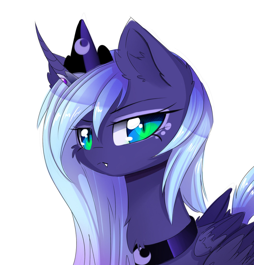 2016 blue_feathers blue_fur blue_hair cat crown equine feathered_wings feathers feline female feral friendship_is_magic fur green_eyes hair horn hybrid jewelry looking_at_viewer lyra-senpai magnaluna mammal my_little_pony necklace princess_luna_(mlp) simple_background slit_pupils solo white_background winged_unicorn wings