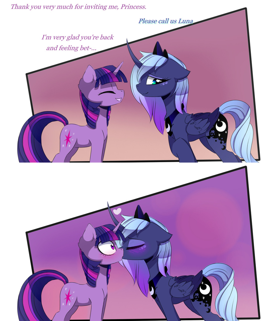 &lt;3 2016 blue_eyes blue_feathers blue_fur blush comic crown cutie_mark dialogue duo english_text equine feathered_wings feathers female feral friendship_is_magic fur grey_hair hair horn jewelry kissing lyra-senpai magnaluna mammal multicolored_hair my_little_pony necklace princess_luna_(mlp) purple_eyes purple_fur smile text twilight_sparkle_(mlp) unicorn winged_unicorn wings